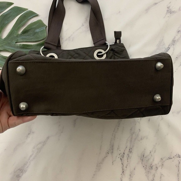 Baggallini Quilted Shoulder Tote Bag Brown Silver Zippers Travel Nylon Square - Picture 4 of 8